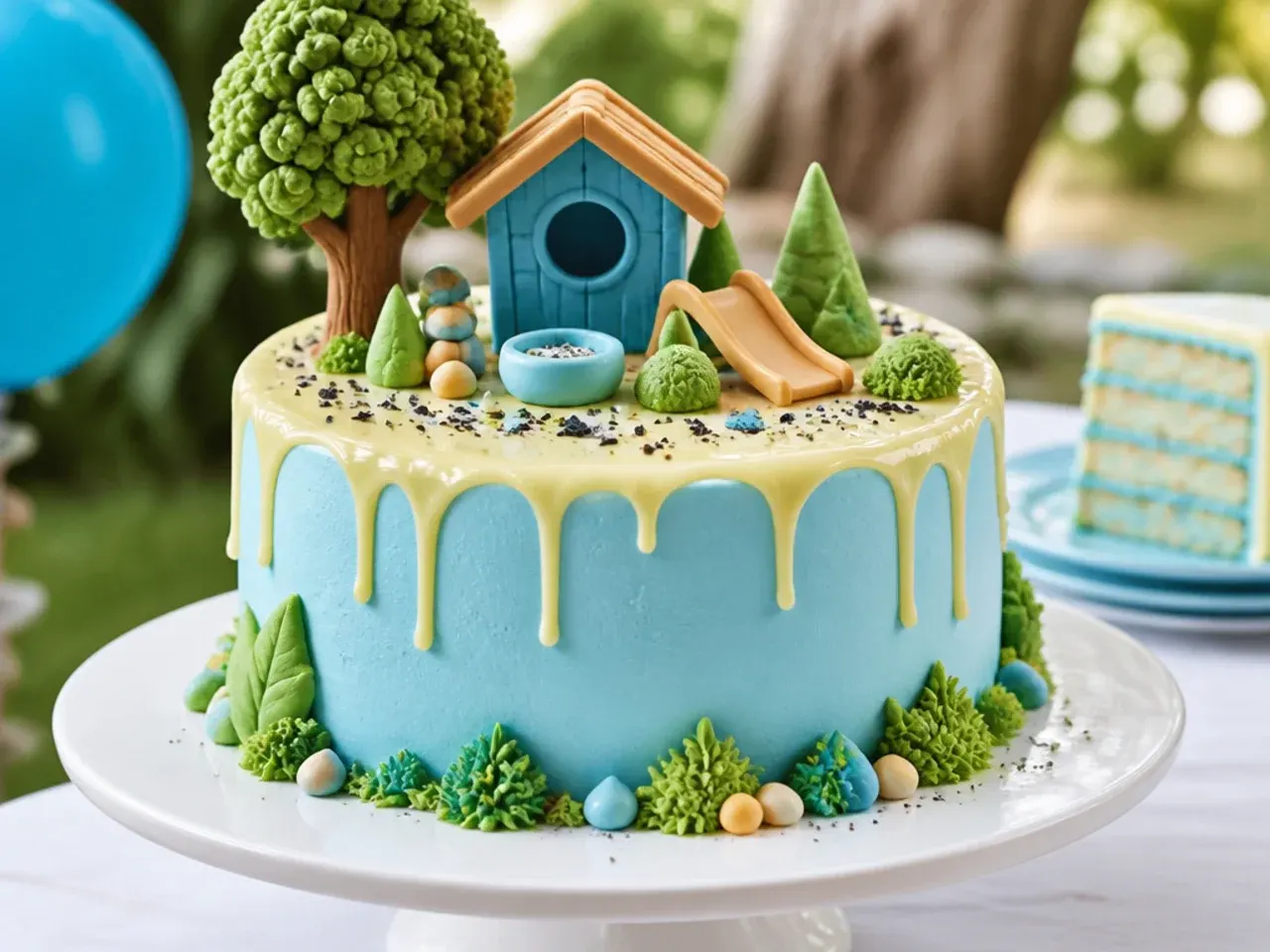 Cake decorated as a green backyard scene with a fondant bench and paw print trail