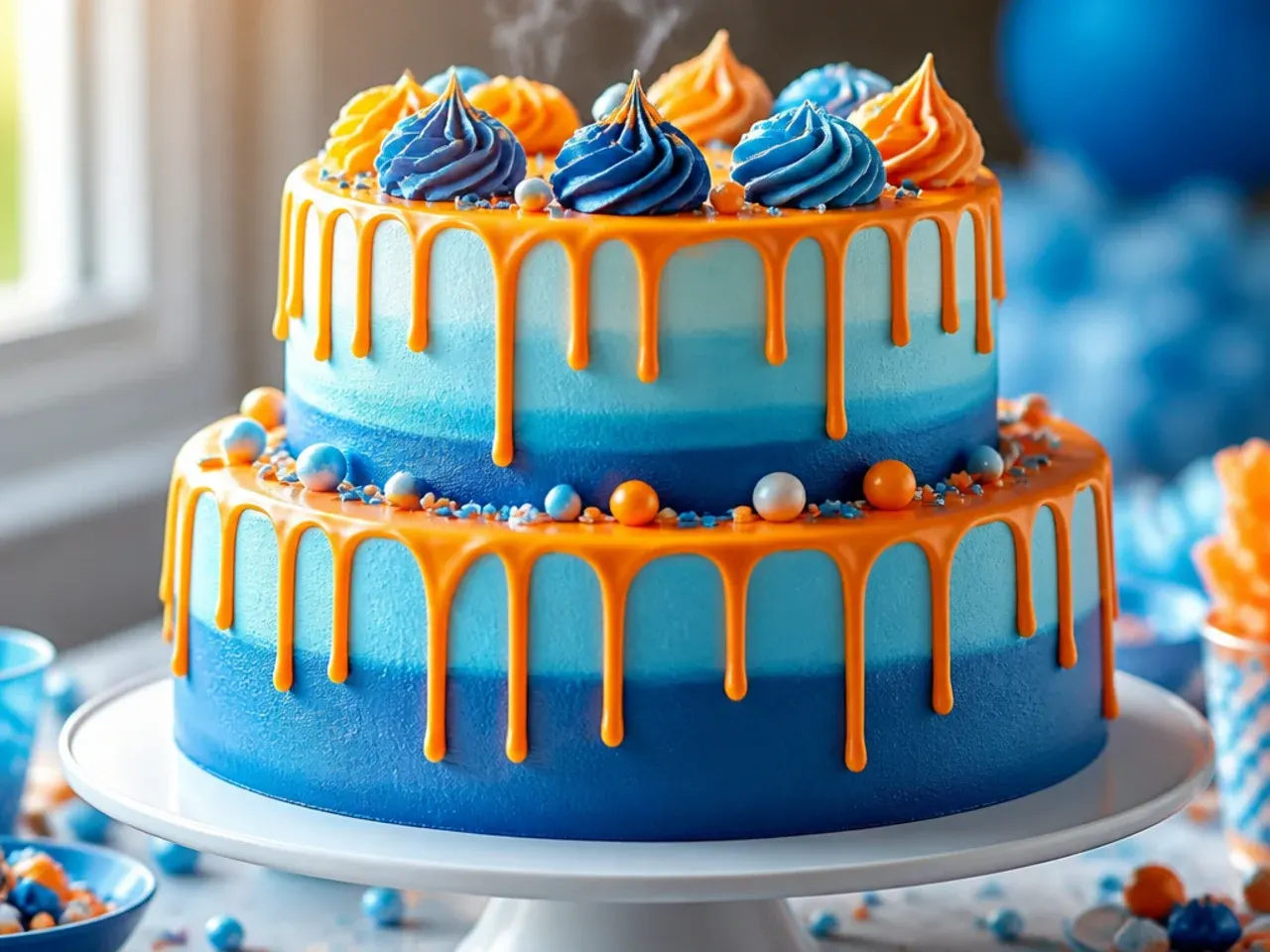 Two-tier ombre cake blending pale to dark blue buttercream with an orange fondant ribbon border