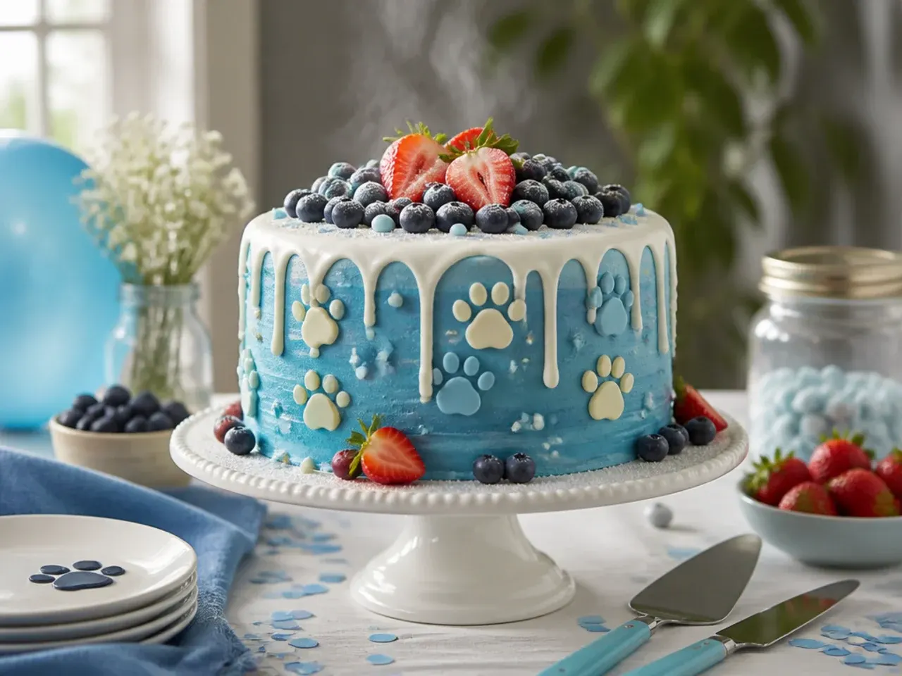 Blue buttercream cake with a white chocolate drip and fondant paw prints trailing down the side