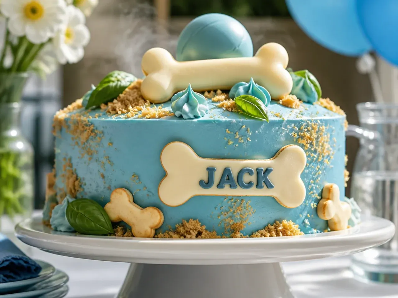 Simple blue iced cake topped with fondant bone, ball and collar decorations