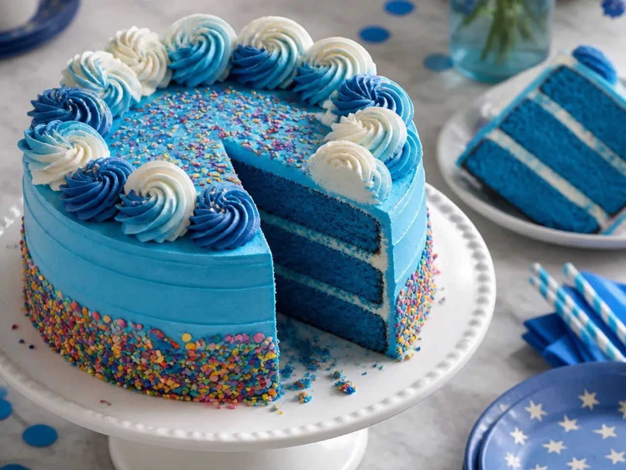 Blue buttercream cake with a rainbow sprinkle border around the base and birthday candles on top
