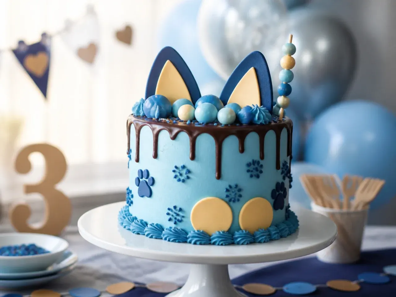 Chocolate drip cake with piped blue and cream rosettes and two fondant dog ear toppers