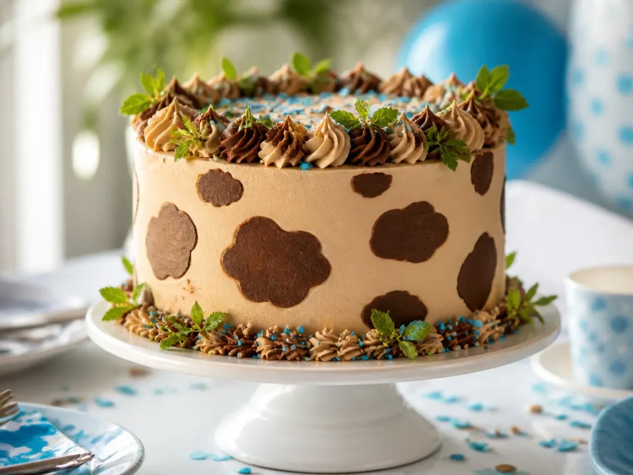 Tan buttercream cake with irregular brown piped spots resembling a puppy's coat pattern