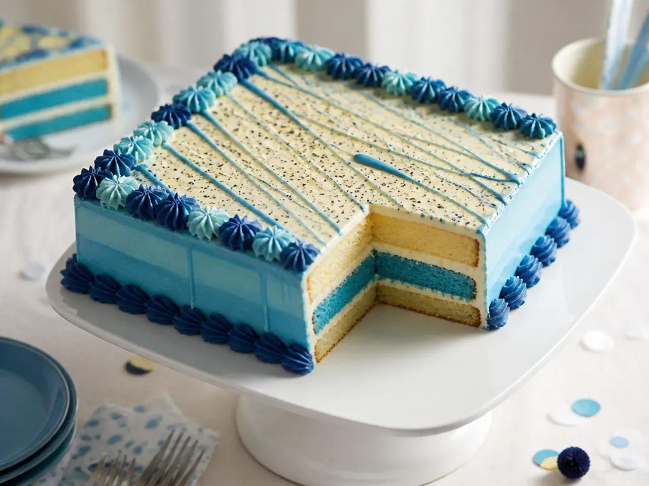 Rectangular blue buttercream sheet cake with a scalloped white border and paw print corner design