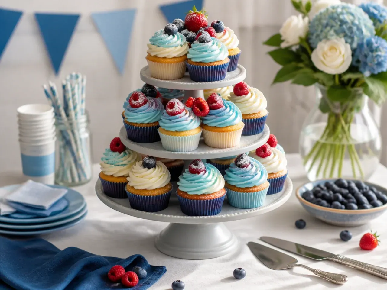 Tiered stand of blue and tan buttercream cupcakes topped with small fondant paw prints
