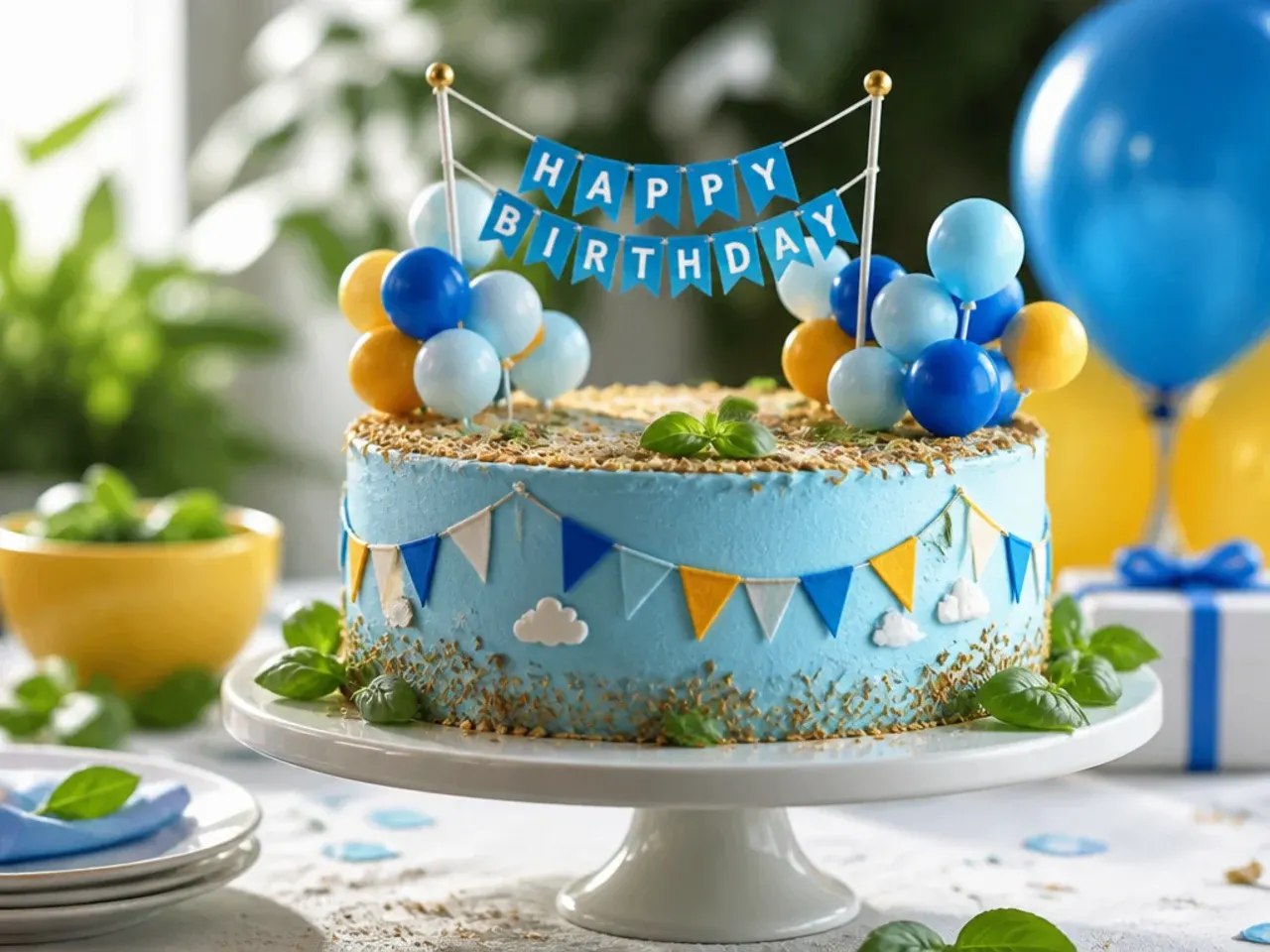 Blue birthday cake topped with fondant balloons and a mini bunting banner