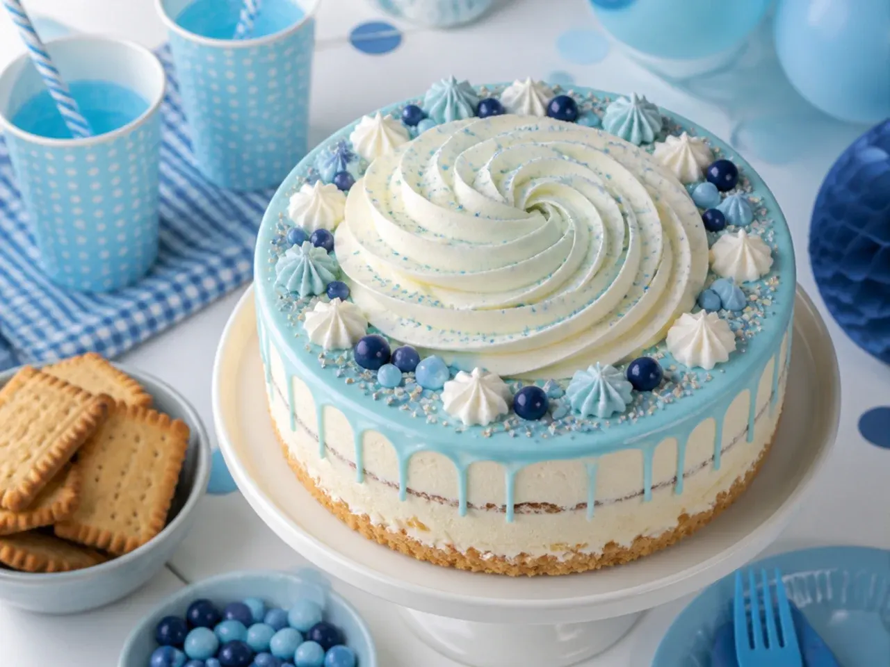 Sliced no-bake icebox cake showing layered biscuits and blue whipped cream with paw print toppers