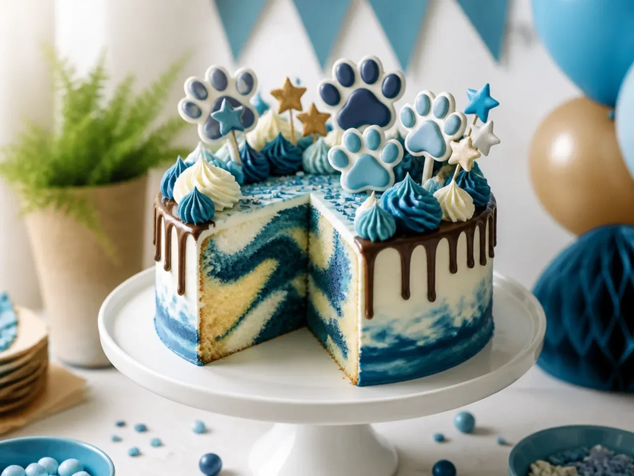 Sliced marble sponge cake showing blue and white swirls, topped with simple fondant paw prints