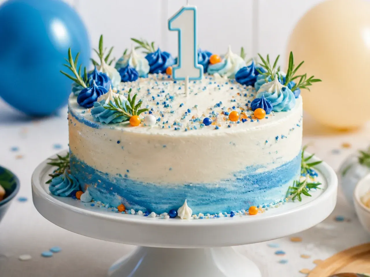 Small smash cake with thick blue and white buttercream swirls for a baby's first birthday