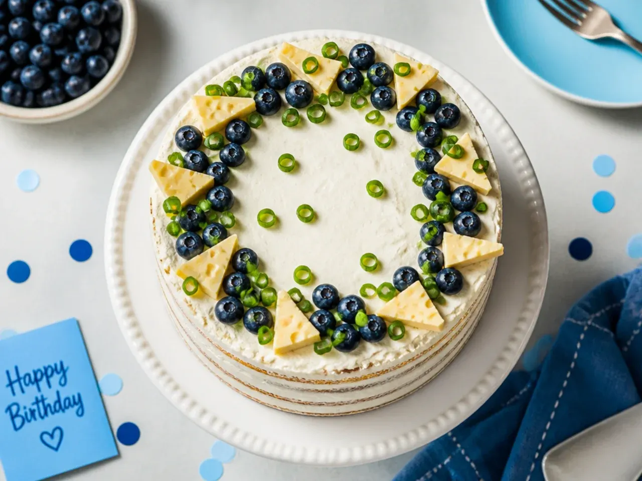 Semi-naked cake with visible sponge, fresh blueberries and small blue fondant dots on top