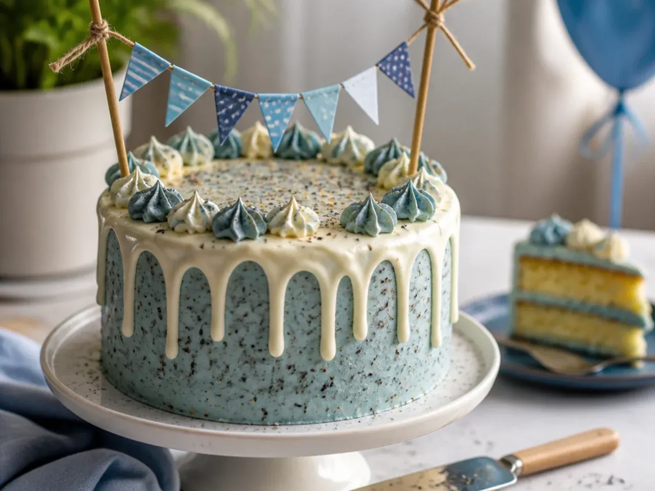 Rustic textured buttercream cake with a caramel drip and small triangle bunting topper