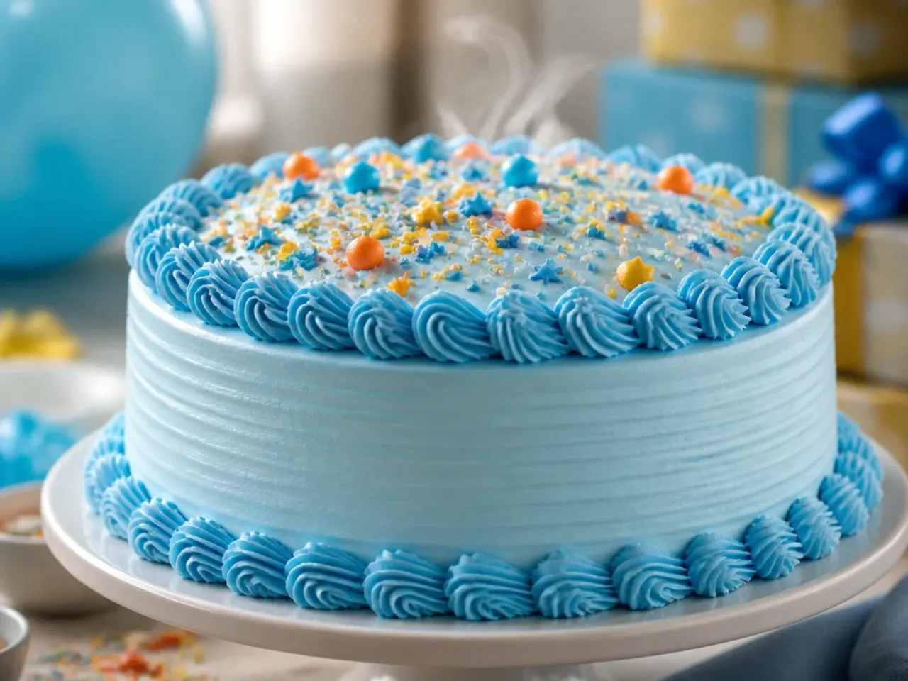 Plain blue iced round cake with a fondant ribbon border and small bow at the front