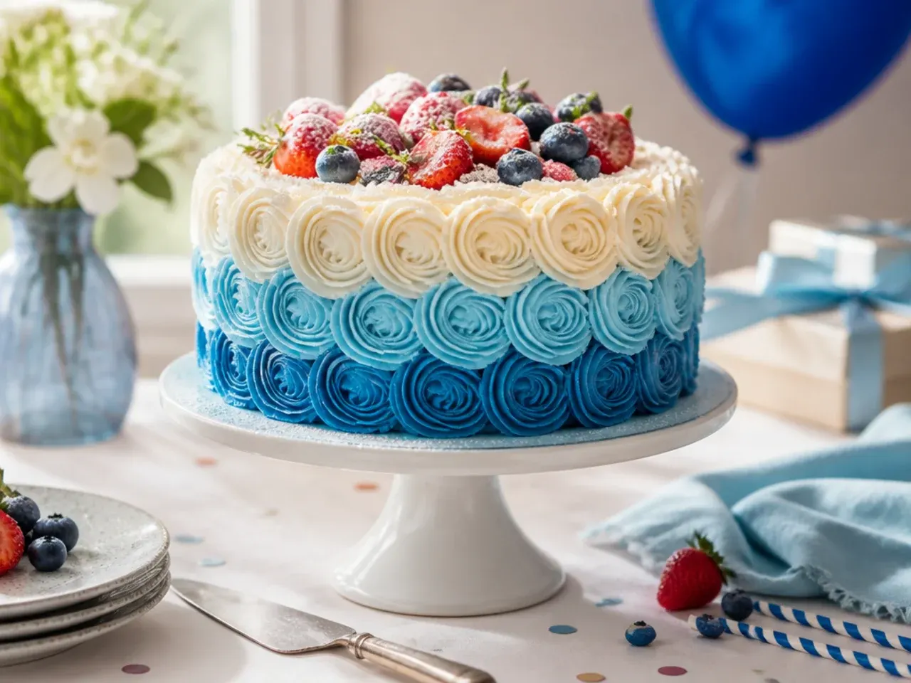 Elegant cake covered entirely in piped blue, navy and cream buttercream rosettes with a gold candle