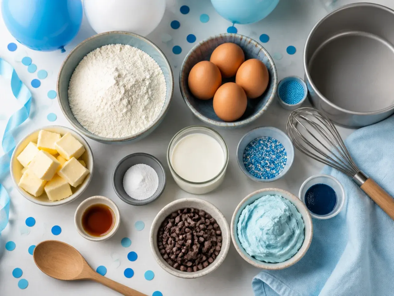 Piping bags of blue, tan and cream buttercream lined up next to a partially decorated cake