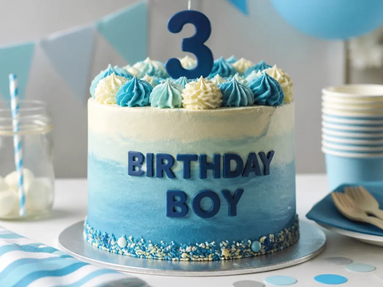 Party dessert table with a blue themed cake, matching biscuits and a jug of blue lemonade