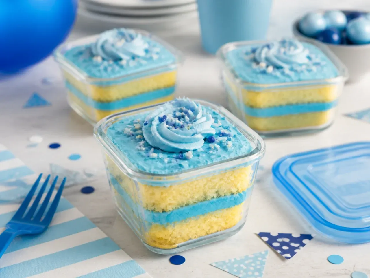 Wrapped leftover cake slices stored in an airtight container in the fridge