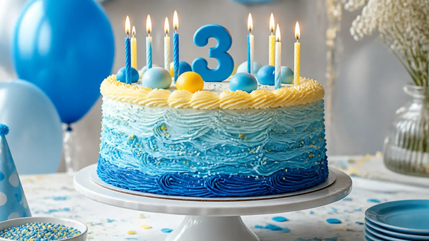 A homemade blue and orange birthday cake decorated with paw print piping and a dog-ear topper, inspired by Bluey cake ideas for a birthday party