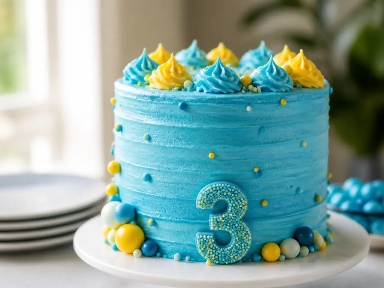 Overhead view of a blue and orange homemade birthday cake surrounded by piping bags and food colouring gels