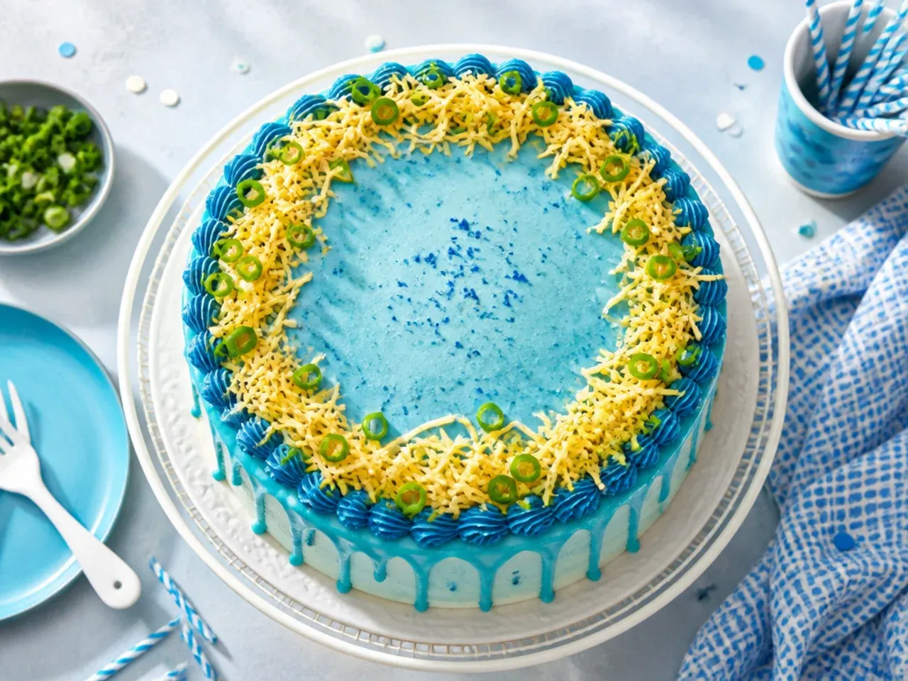 Round two-tier drip cake in pale blue with navy fondant paw prints around the base