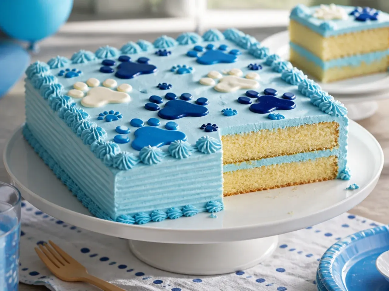 Rectangular sheet cake frosted in blue with piped white and navy paw print border