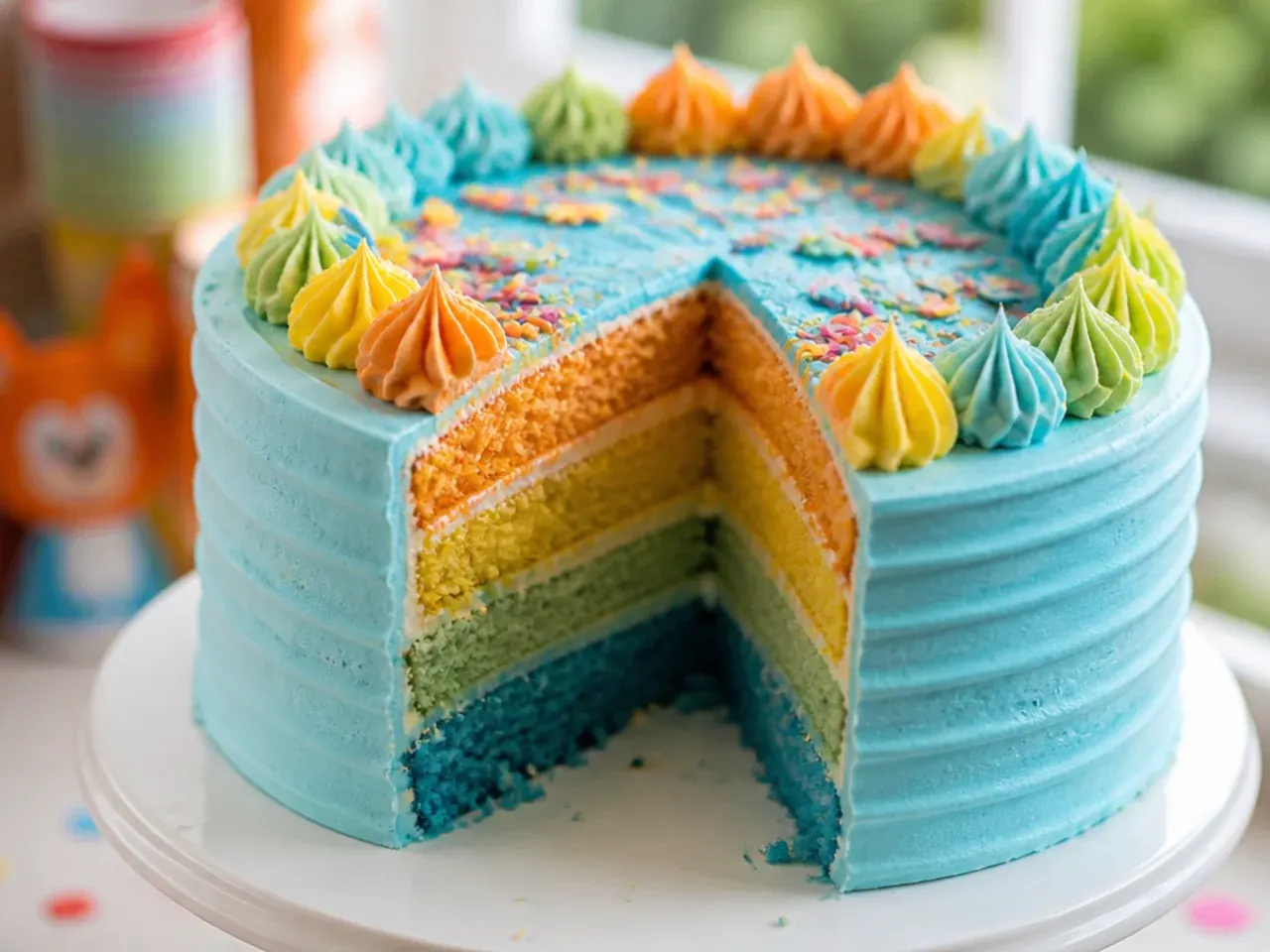 Sliced layer cake showing blue, navy, teal and cream sponge layers with pale blue frosting outside