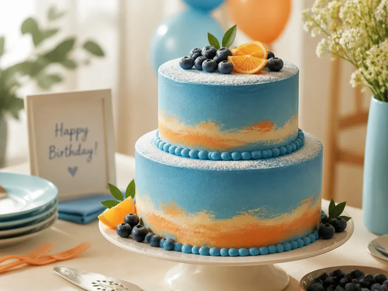 Two-tier cake with navy blue bottom tier and orange top tier separated by a piped white dot border