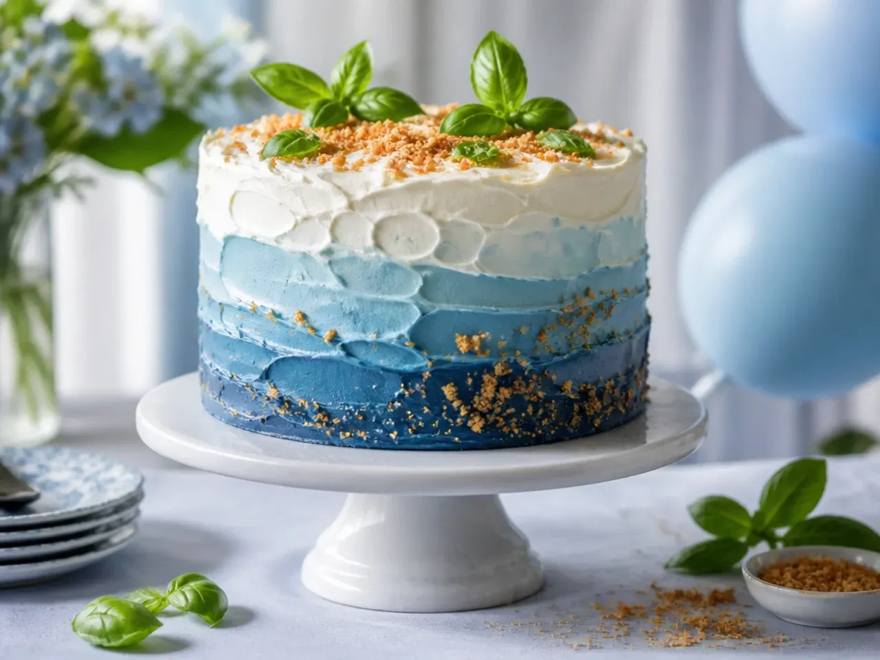 Cake with blended ombre buttercream from navy blue at the base to pale blue at the top