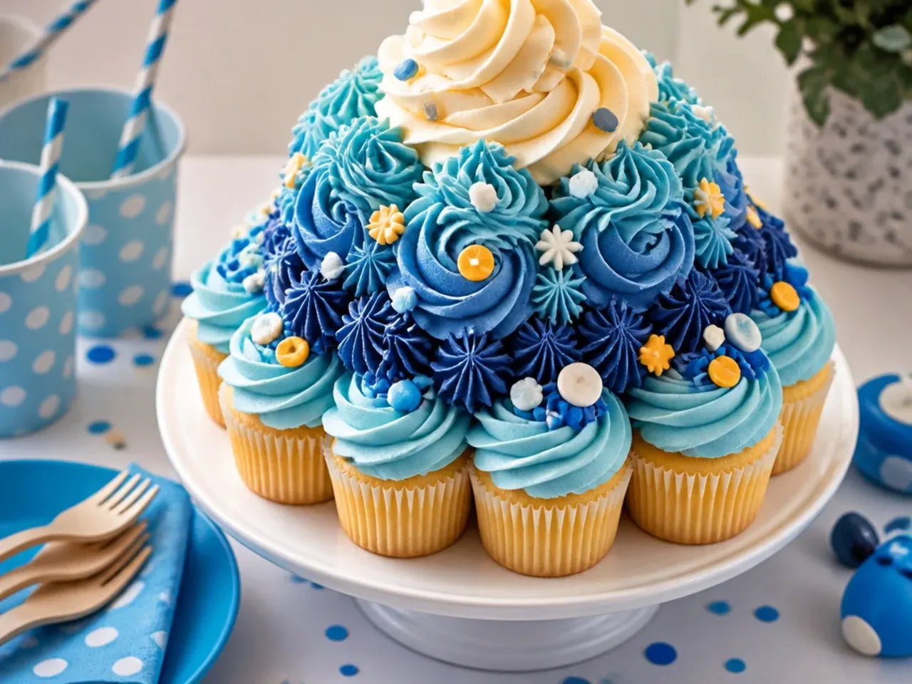 Cupcakes arranged in a paw print shape on a board, frosted in alternating blue and orange swirls