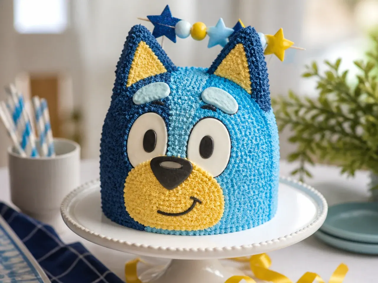 Carved head-shaped cake with triangular ears, frosted light blue with a paler muzzle patch