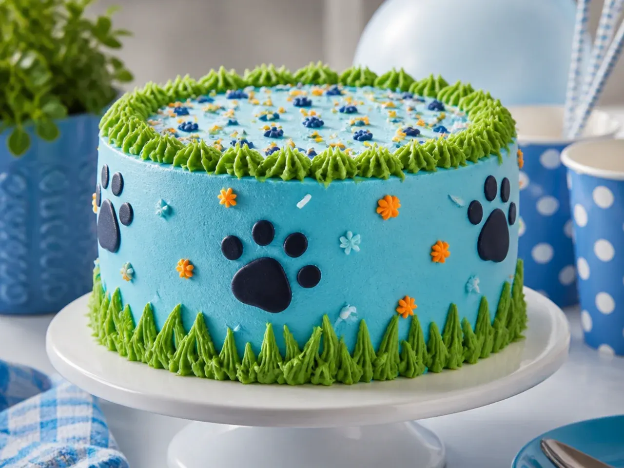 Cake with green grass-textured buttercream base and pale blue top, decorated with fondant bones and paw prints