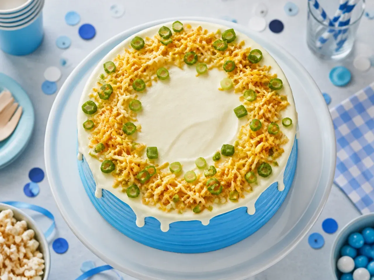 Plain store-bought sponge cake being frosted with blue buttercream on a kitchen counter