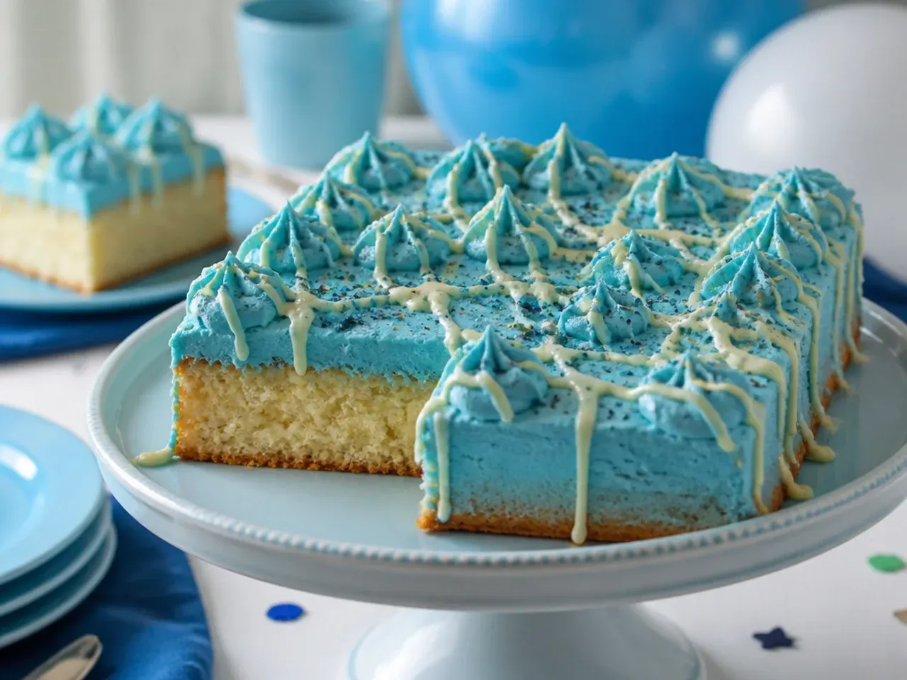 Large rectangular sheet cake cut into small squares, frosted blue with a piped star border