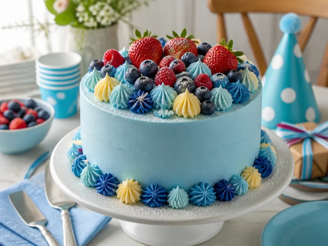 Child and adult decorating a blue sheet cake together with fondant paw print shapes and a butter knife