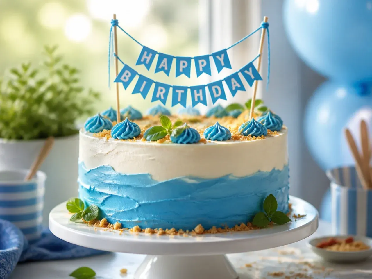 Round cake with a fondant bunting banner in blue, navy and orange spelling out a birthday age
