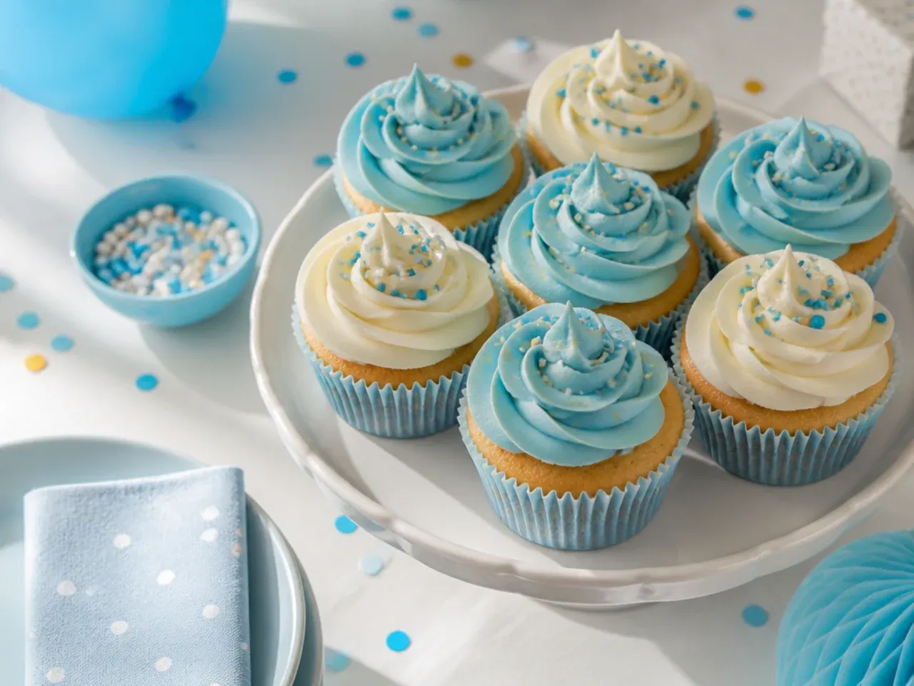 Twelve cupcakes on a tray, topped with blue and orange buttercream swirls and small fondant paw prints