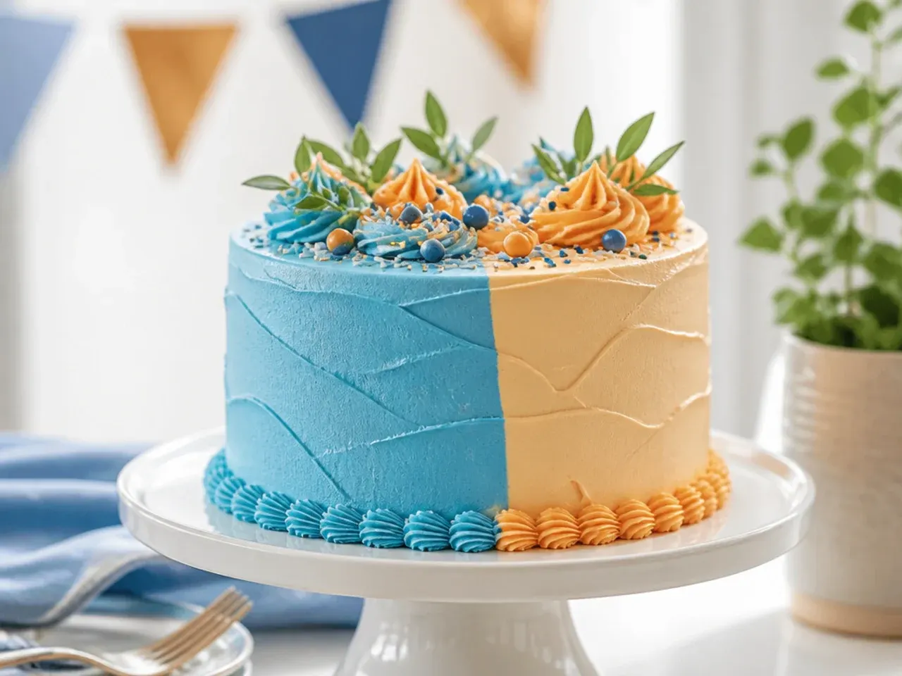 Cake sliced open to reveal one blue half and one orange half beneath plain white frosting