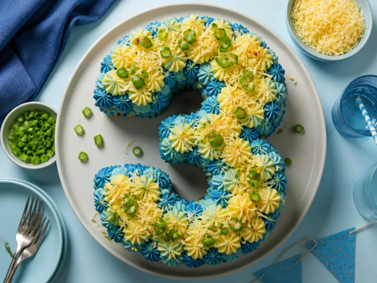 Cake cut into a large number shape, frosted pale blue with a navy piped outline