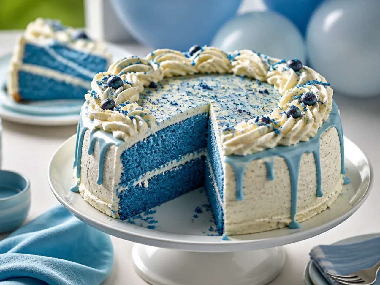 Slice of blue velvet cake with visible blue crumb and white cream cheese frosting