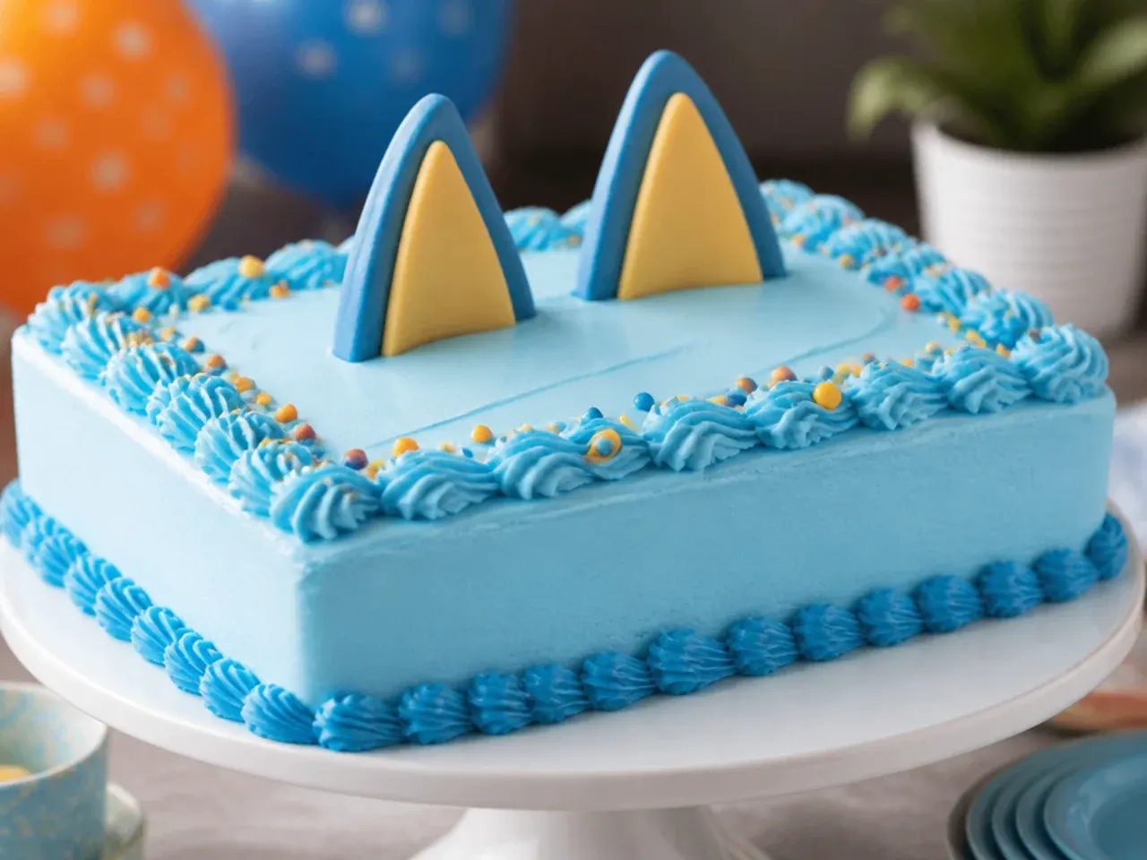 Flat sheet cake with two triangular fondant ears standing up along the top edge