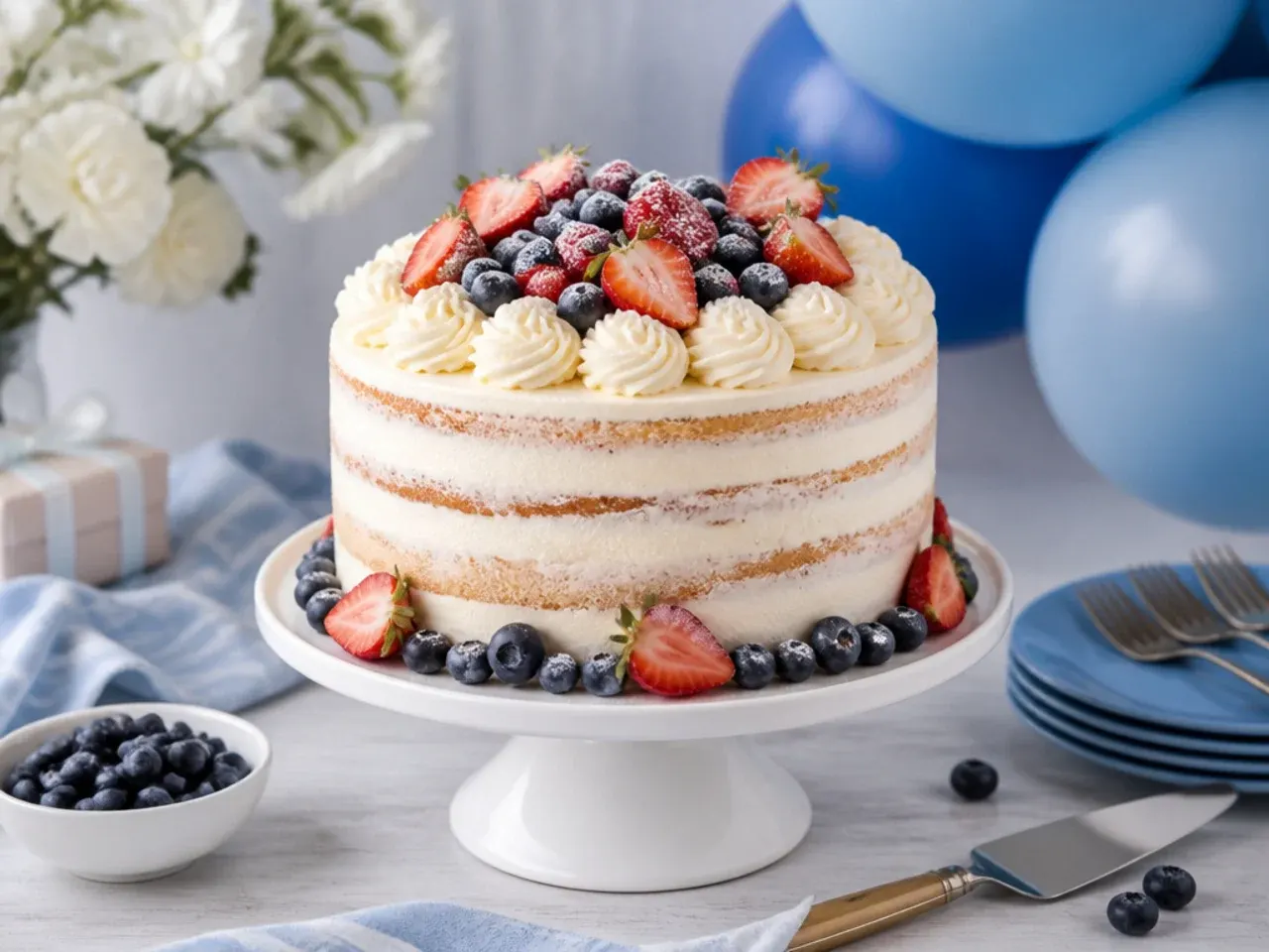 Naked-style cake with thin buttercream coating showing sponge texture, topped with navy and orange rosettes