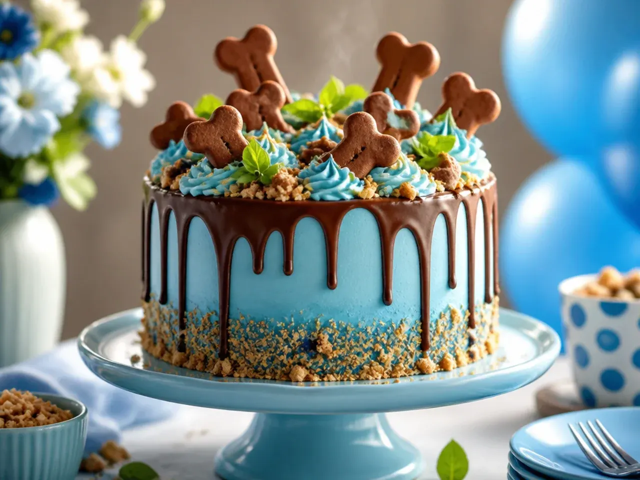 Blue drip cake topped with a cluster of chocolate-dipped bone-shaped biscuits