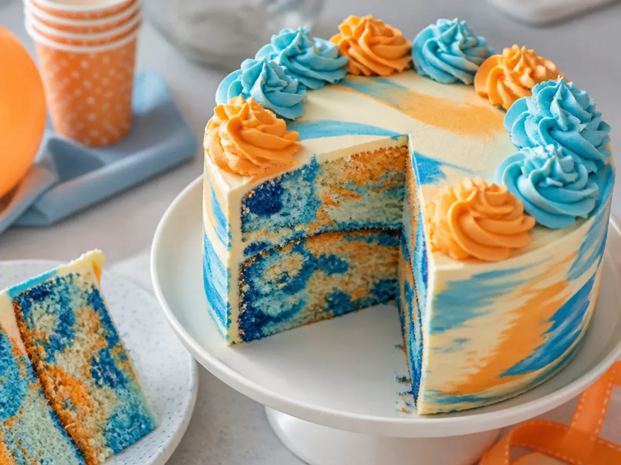 Slice of marbled cake showing swirled blue and orange sponge beneath white frosting