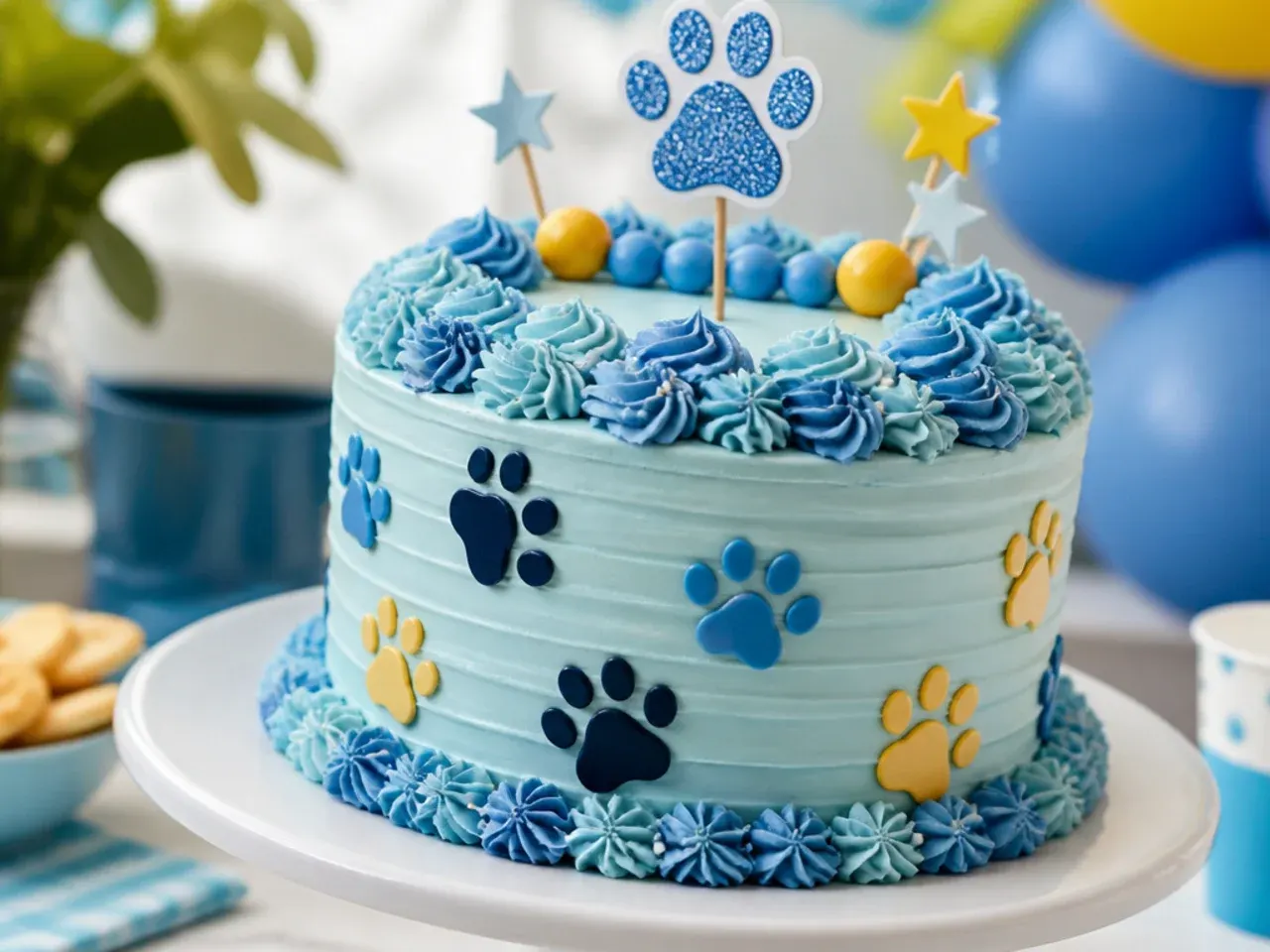 Plain white cake with a trail of alternating navy and orange piped paw prints running up the side