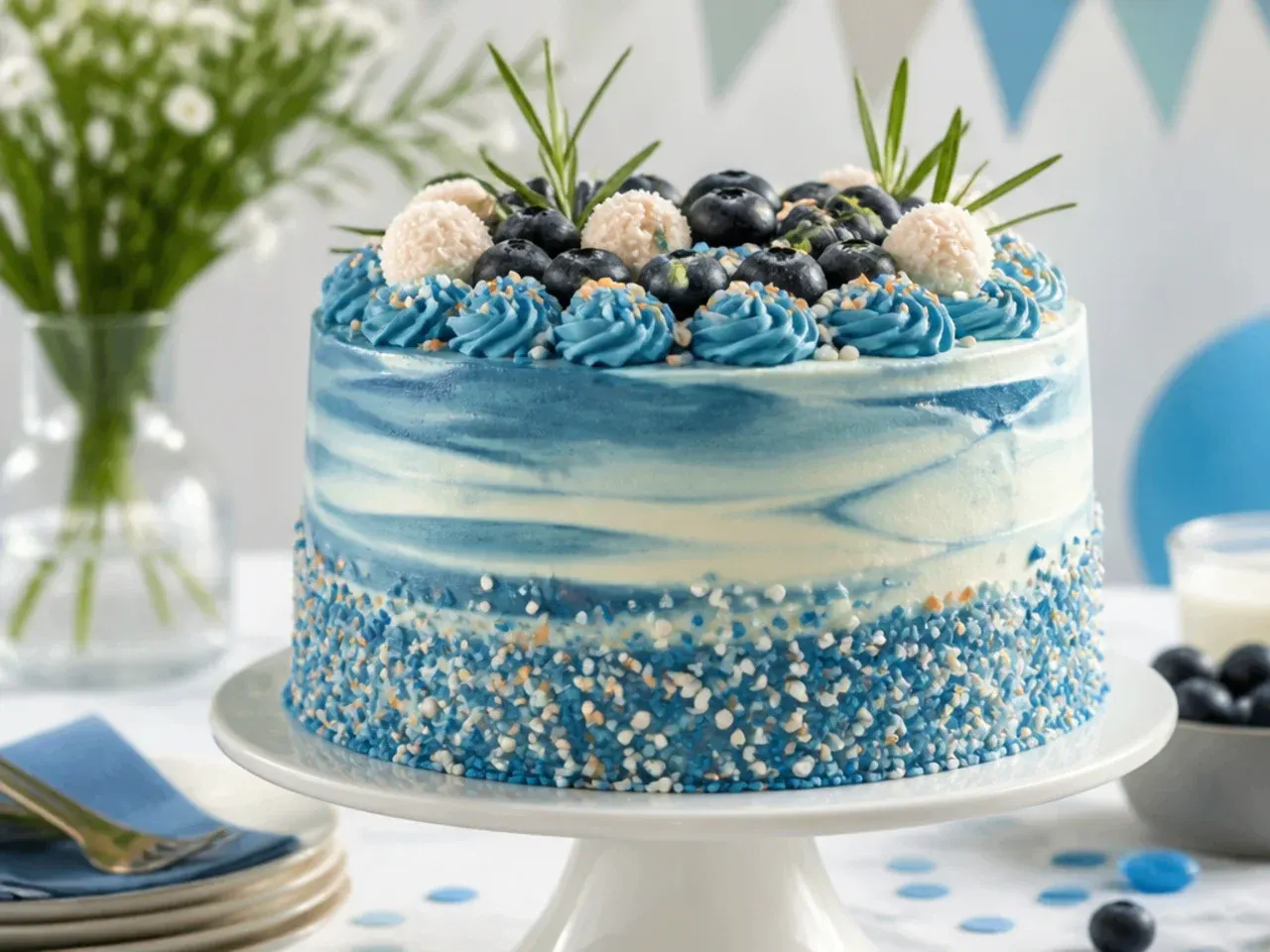 Box of vanilla cake mix next to a mixing bowl and blue buttercream, ready for a budget cake