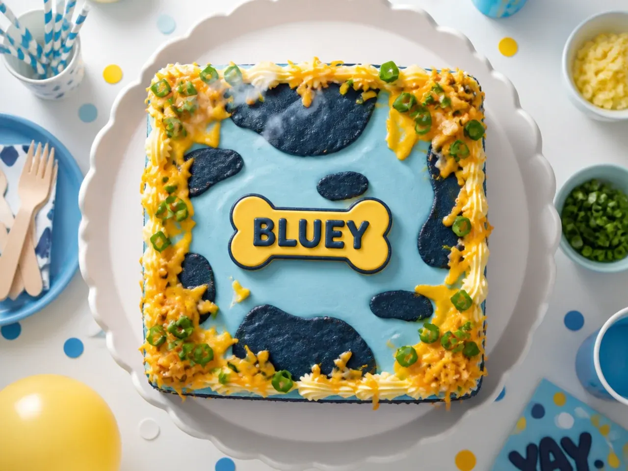 Sheet cake with a single upright collar-tag-shaped topper surrounded by a ring of piped blue and orange stars