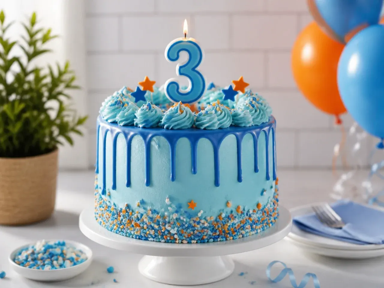 Party table with a blue and orange decorated cake surrounded by matching blueberry muffins and orange biscuits