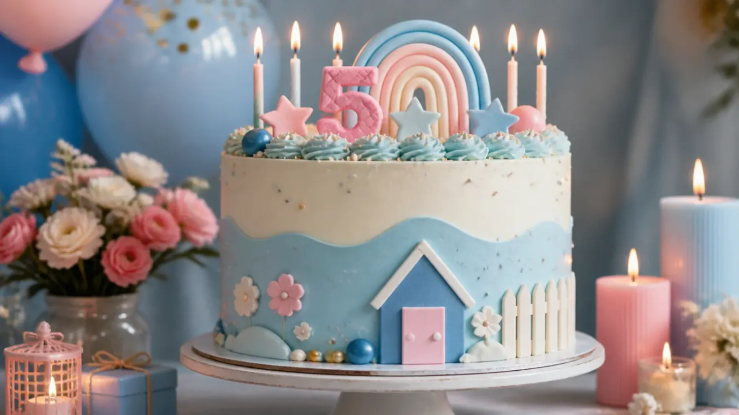 A round two-tier celebration cake in light and dark blue buttercream with orange accents, paw-print piping and a fondant dog-ear topper on a party table