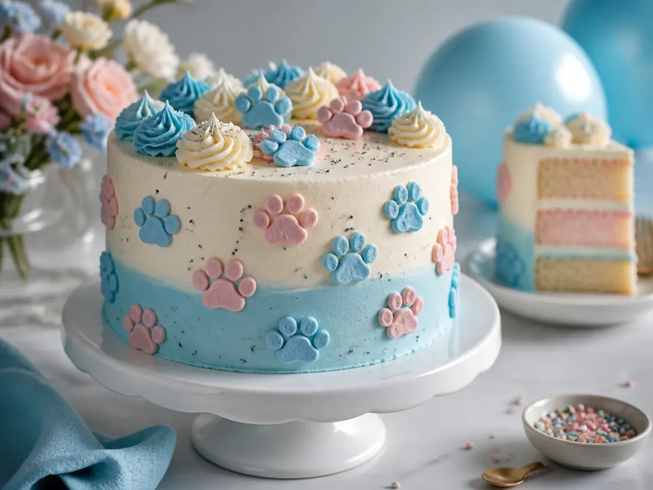 White buttercream cake with scattered blue paw print piping trailing up one side