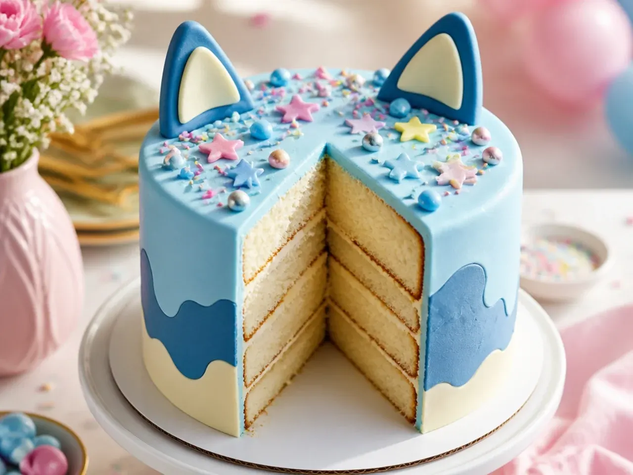Buttercream cake with two blue fondant dog ear shapes propped along the top edge like a peeking puppy