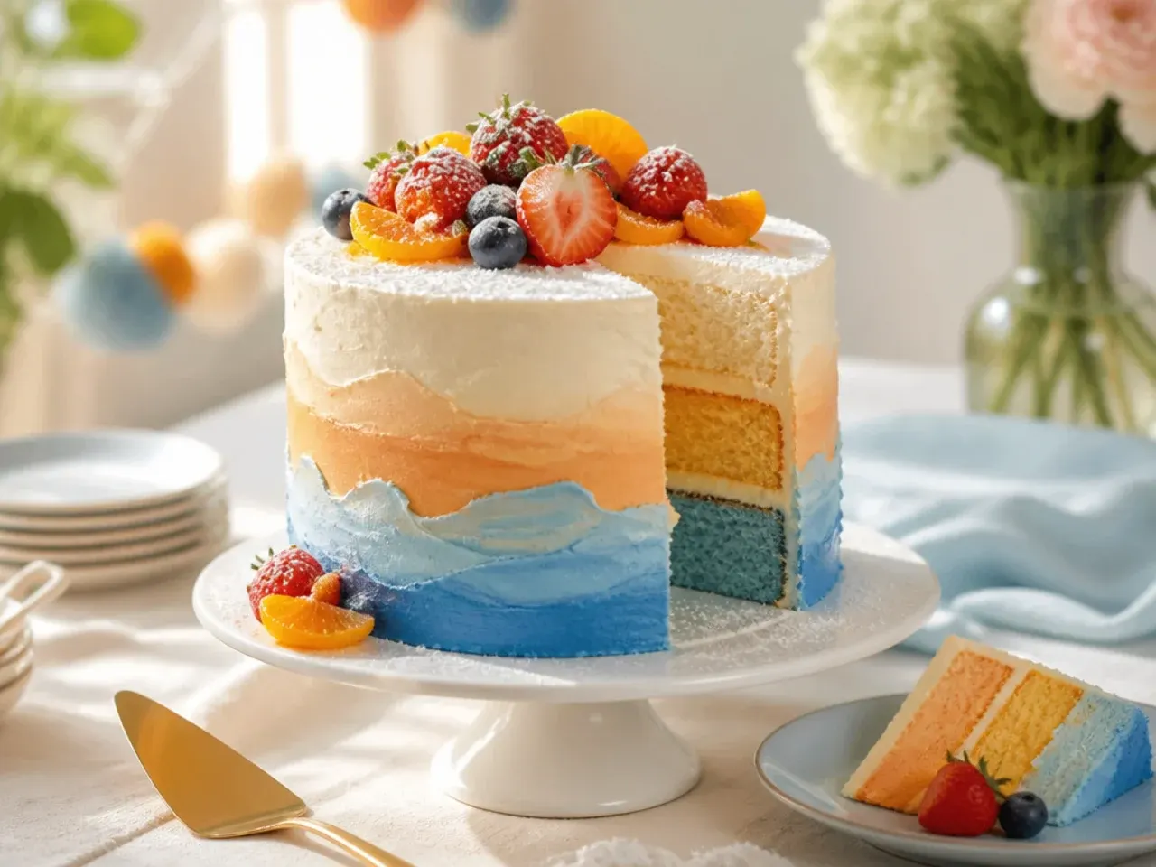 Ombre buttercream cake transitioning from pale blue at the base to bright orange at the top